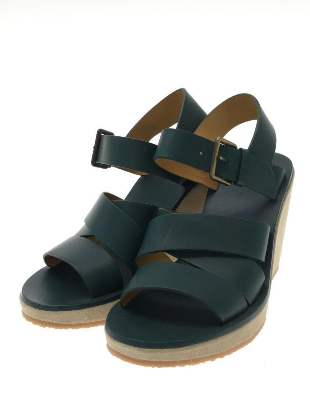 A.P.C. RUE MADAME PARIS Paola Teal Green Leather Strappy Open Toe Wedges sz 38